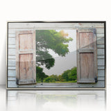 Art deco poster depicting a geometric window design in silver and gray tones, framed in acrylic.