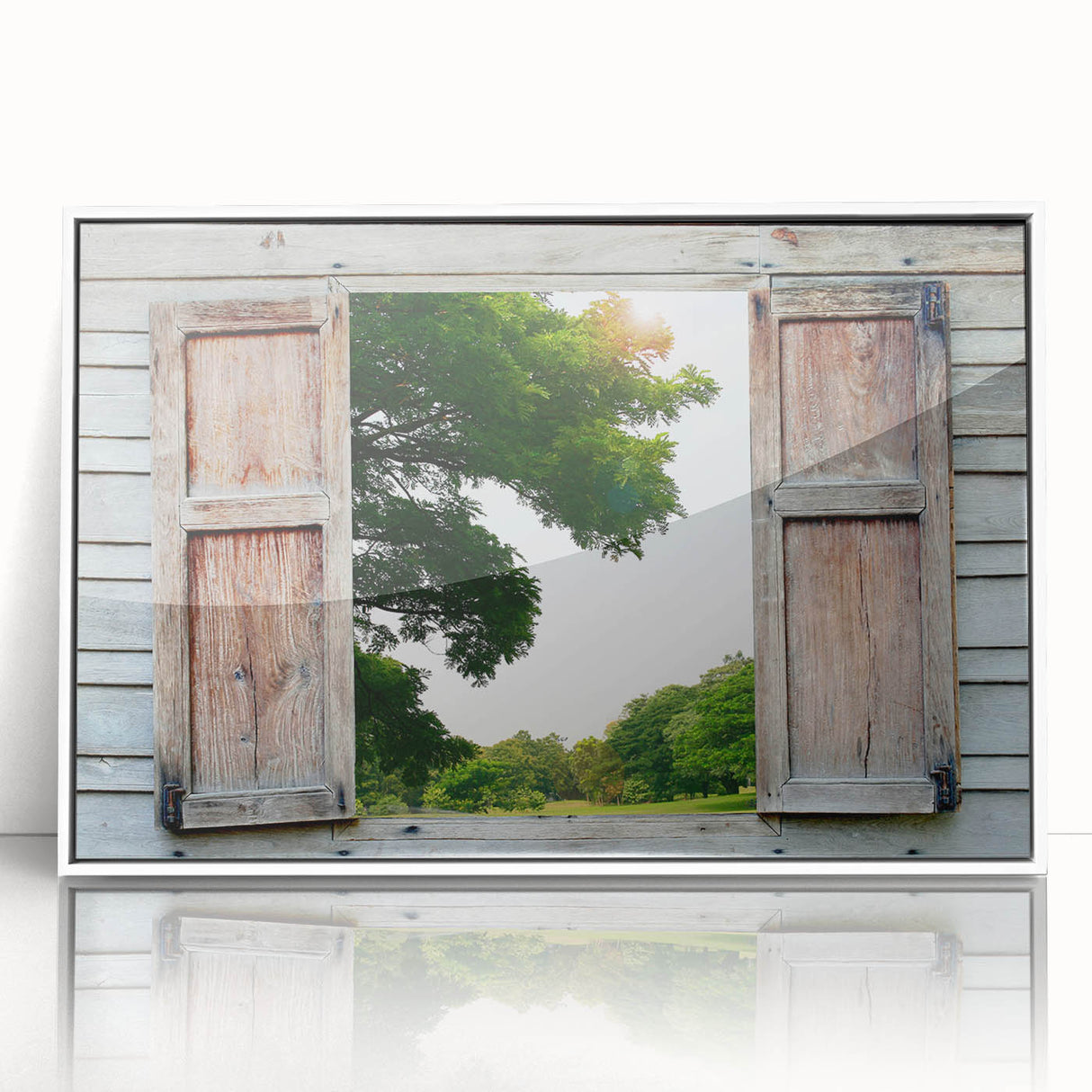 Mid-century modernist large art print featuring a geometric window design in white and gray tones, framed in acrylic.