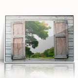 Mid-century modernist large art print featuring a geometric window design in white and gray tones, framed in acrylic.