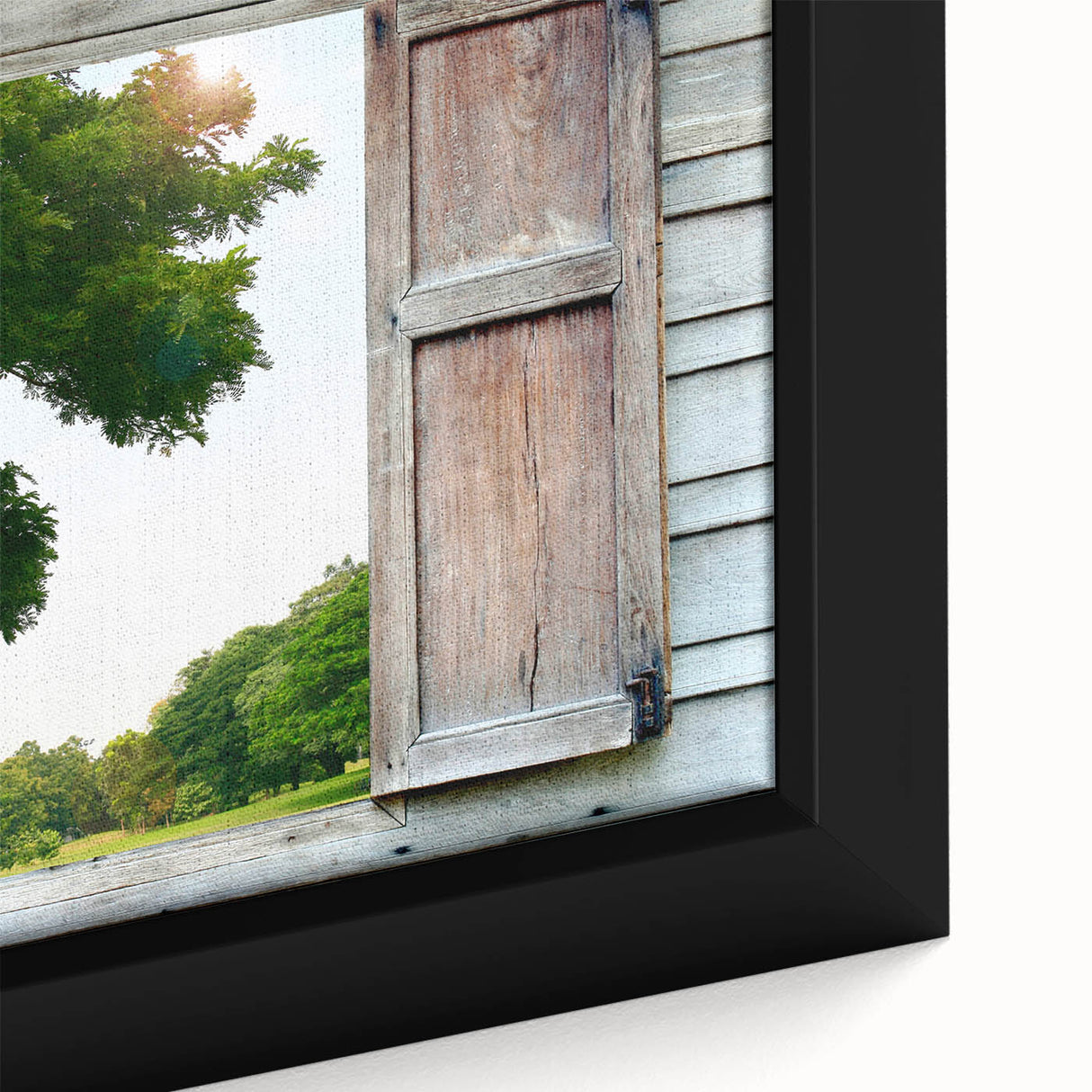 Close-up of extra large black wall art featuring colorful, textured window design on framed canvas.