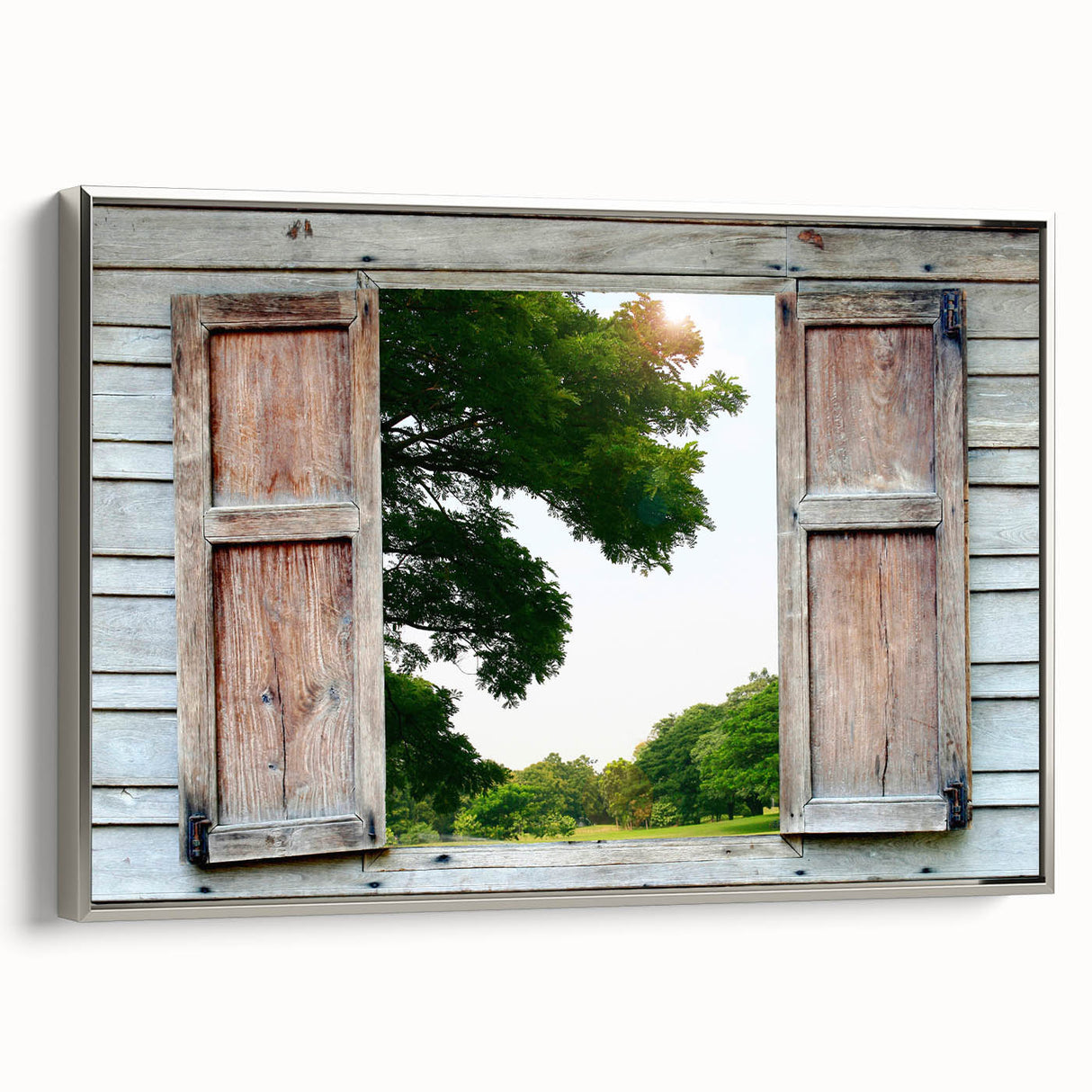 Vintage poster art featuring a silver-framed canvas with black and colorful architectural window designs.