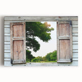 Black and white photo of a large window design on stretched canvas, ideal for kitchen wall art.