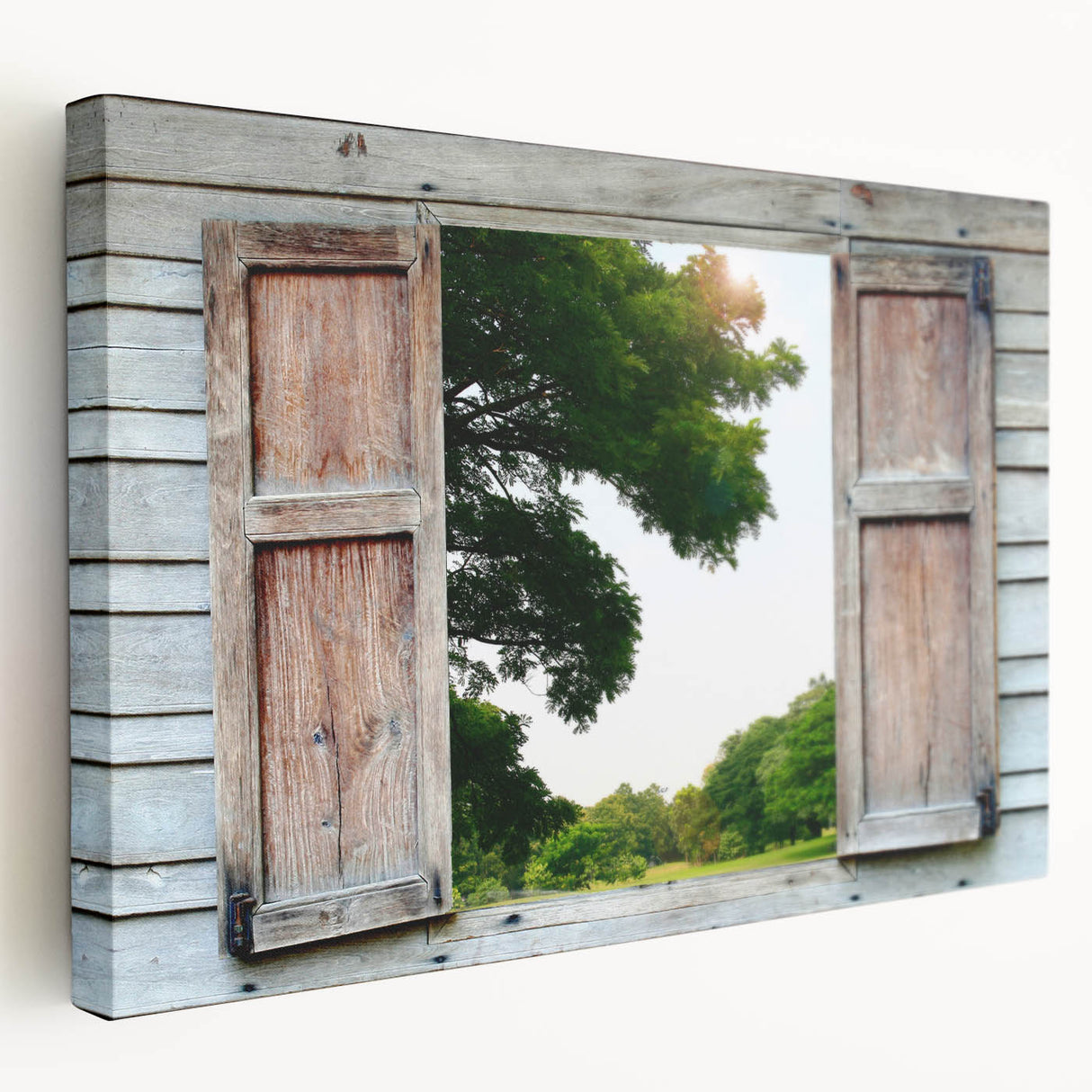 Side view of a large stretched canvas featuring a monochrome architectural window design, ideal for kitchen wall art.