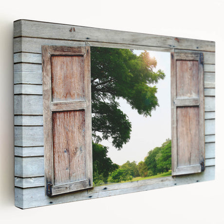 Side view of a large stretched canvas featuring a monochrome architectural window design, ideal for kitchen wall art.
