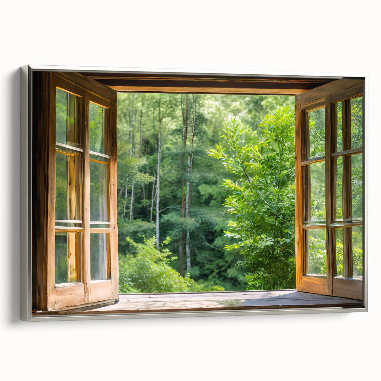 Vintage poster art of a geometric window design in black and silver tones on framed canvas, ideal for living room decor.