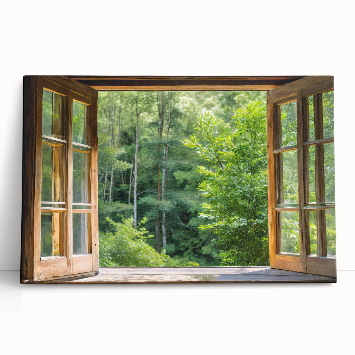 Large black and white photo of an architectural window design on stretched canvas, ideal for kitchen wall art.