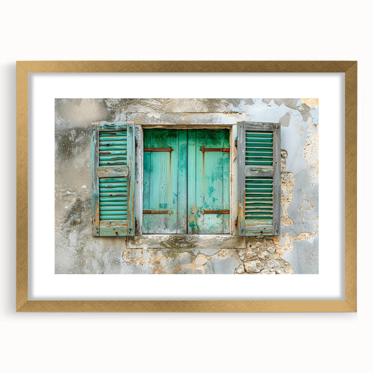 Textured abstract art print featuring geometric shapes in muted gold and beige, framed with a gold mat.