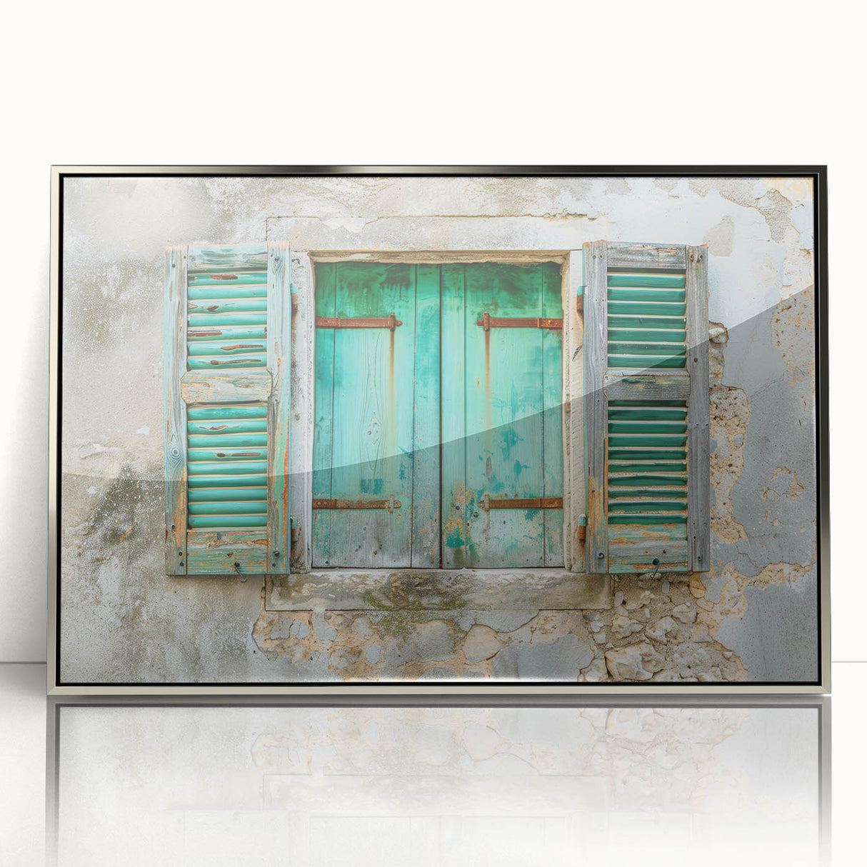 Art deco poster featuring a geometric window design in silver and gray tones, acrylic print framed.