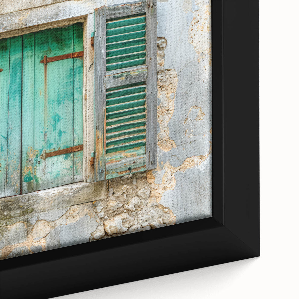 Extra large framed canvas featuring a close-up of a black architectural window design with colorful, textured art.