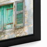 Extra large framed canvas featuring a close-up of a black architectural window design with colorful, textured art.