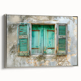 Vintage poster art featuring a black and colorful architectural window design on an extra large framed canvas.
