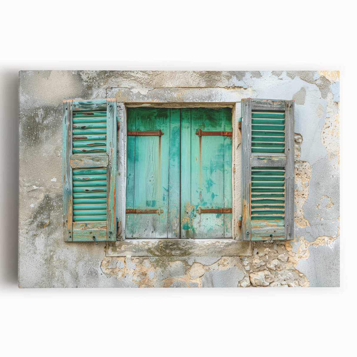 Black and white photograph of a detailed architectural window design on a large stretched canvas.
