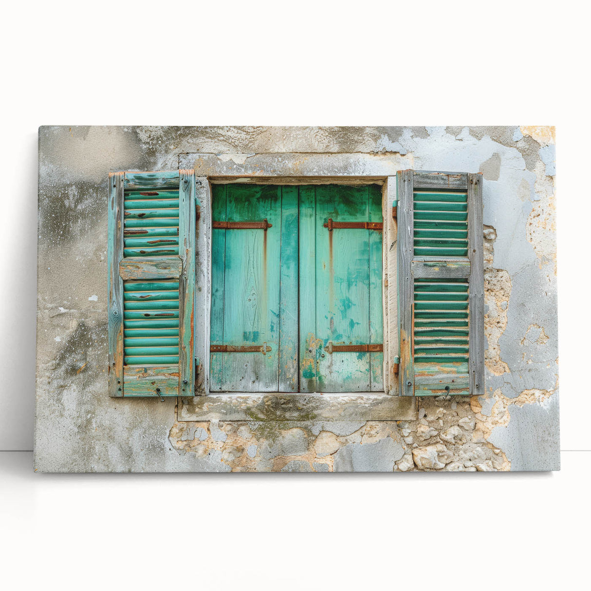Large black and white photo of an architectural window design on stretched canvas.