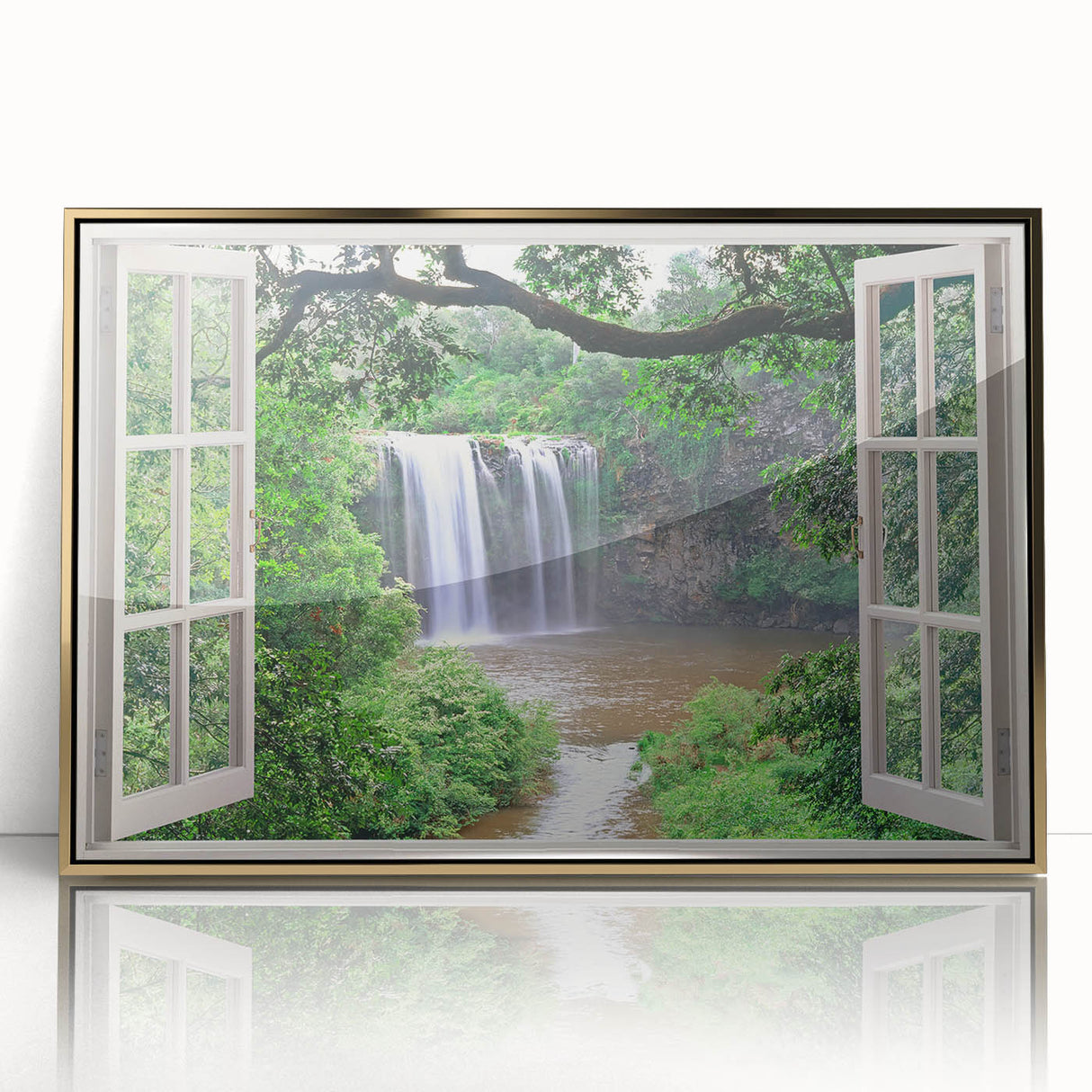 Mid-century modernist art depicting an architectural window design in gold tones on a framed acrylic print.