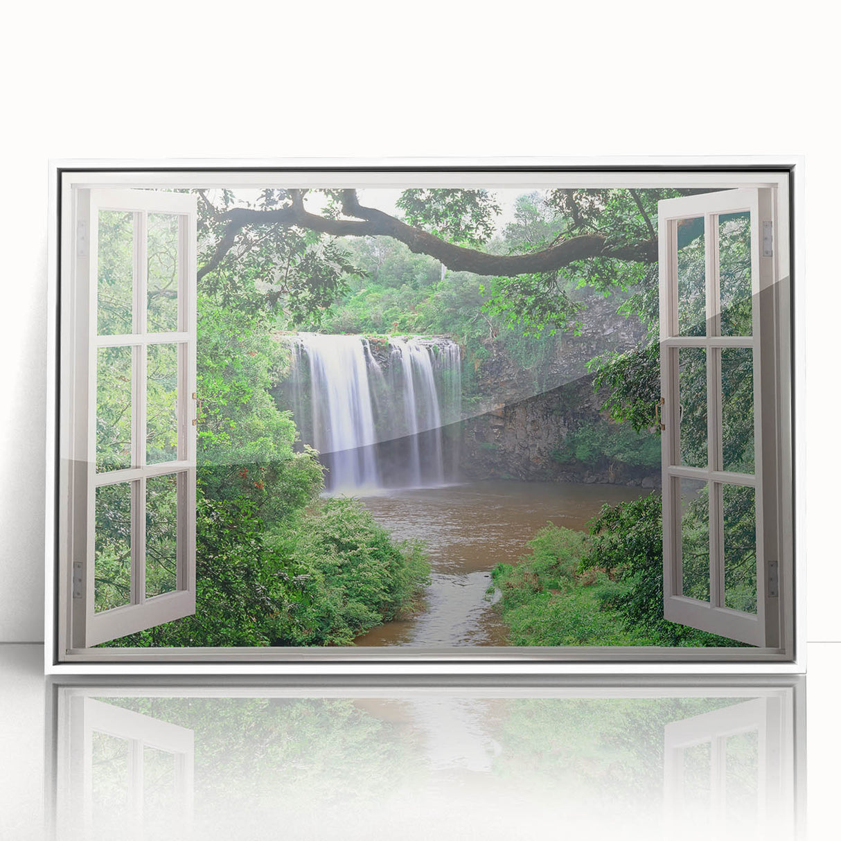 Large art print of a mid-century modernist architectural window design in monochrome, framed in white acrylic.