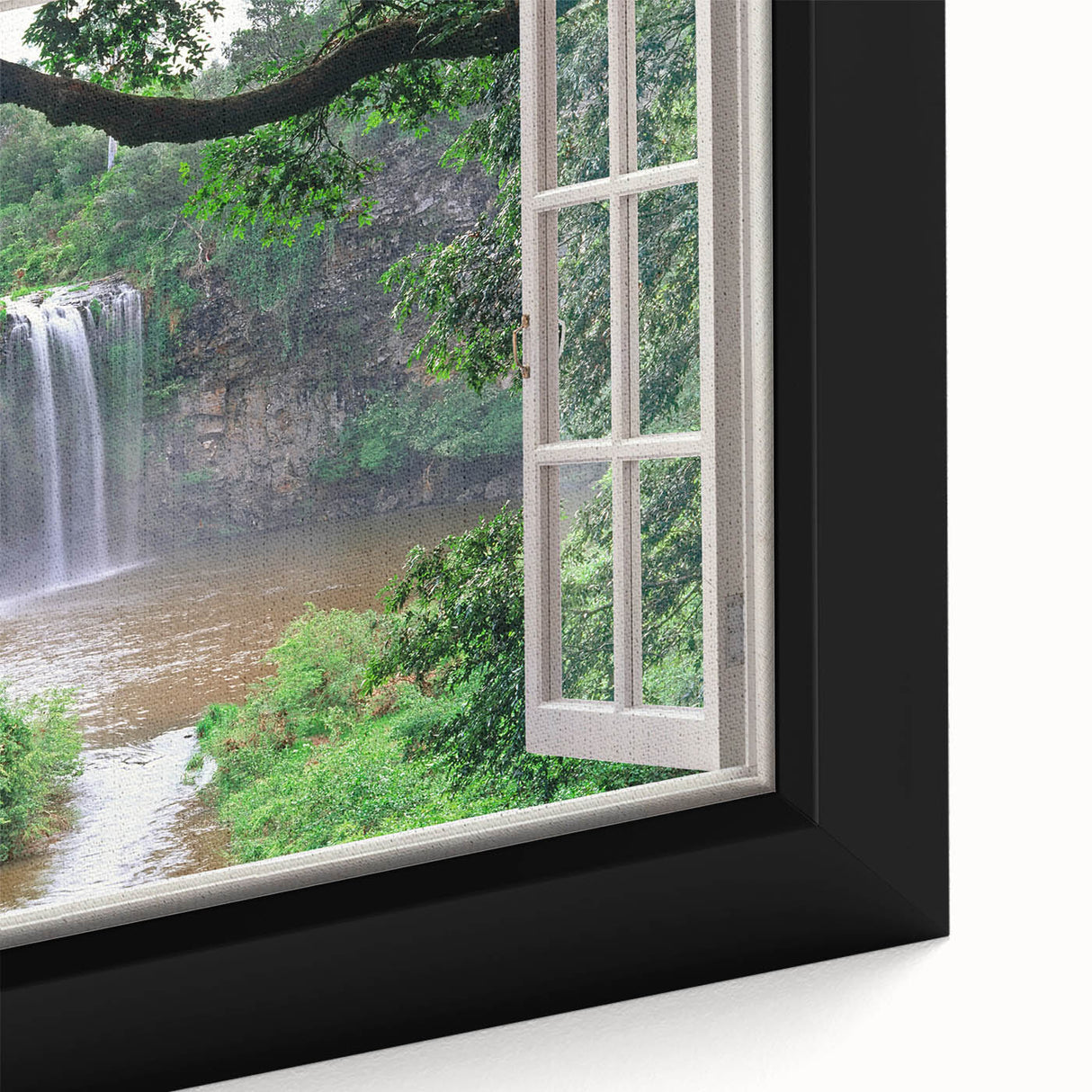 Close-up of black wall art featuring a textured window design in vibrant colors on a framed canvas.