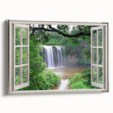 Vintage poster art of an architectural window design in black and colorful hues on a framed canvas.