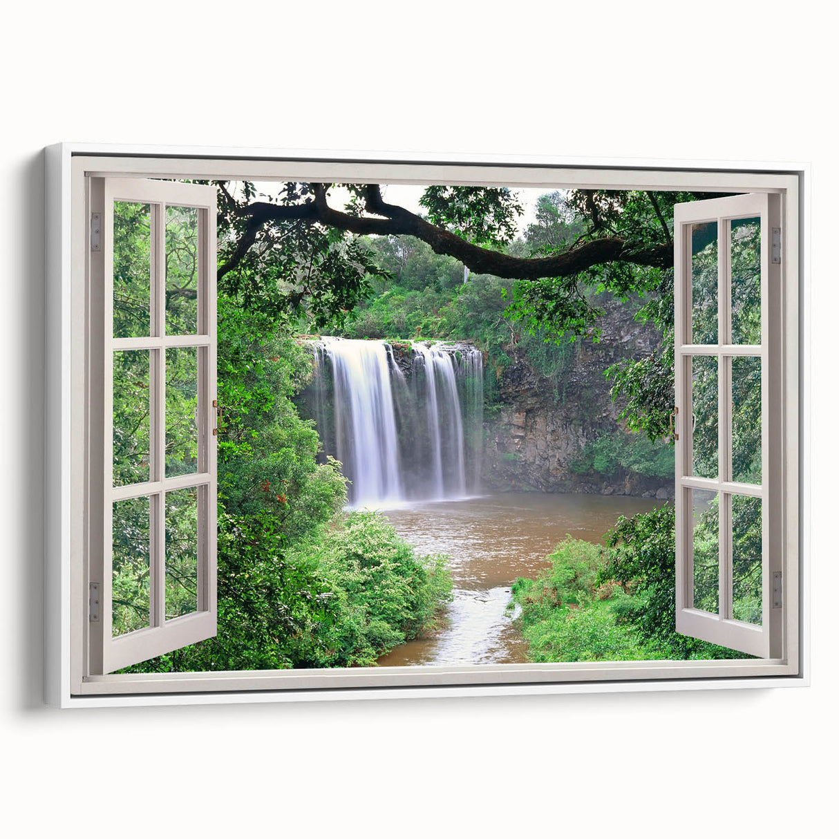 Framed canvas wall art featuring a vintage poster of a black and white architectural window design.
