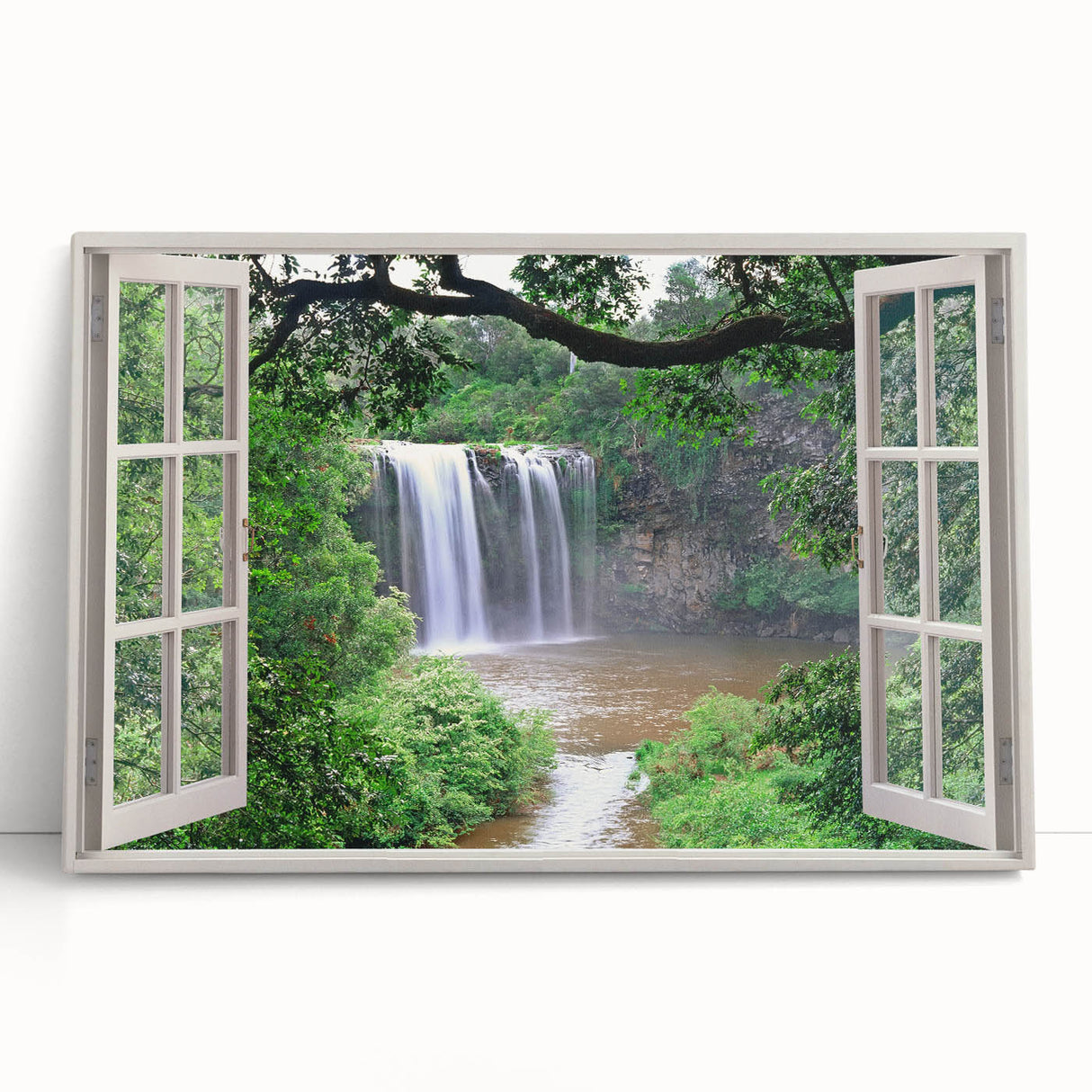 Black and white photograph of an architectural window design on a large stretched canvas, ideal for kitchen wall art.