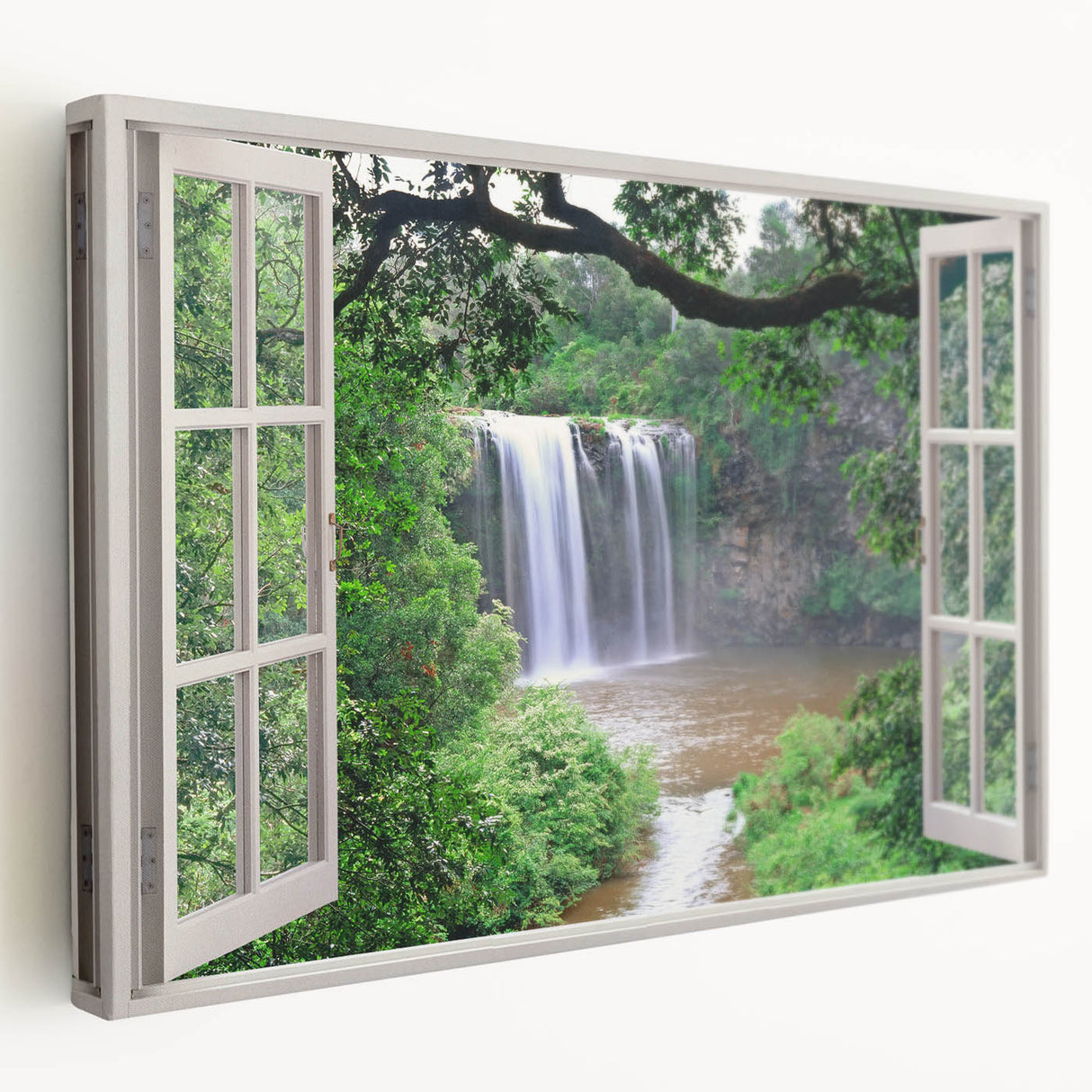 Architectural window design on large stretched canvas, featuring grayscale tones, ideal for kitchen wall art.