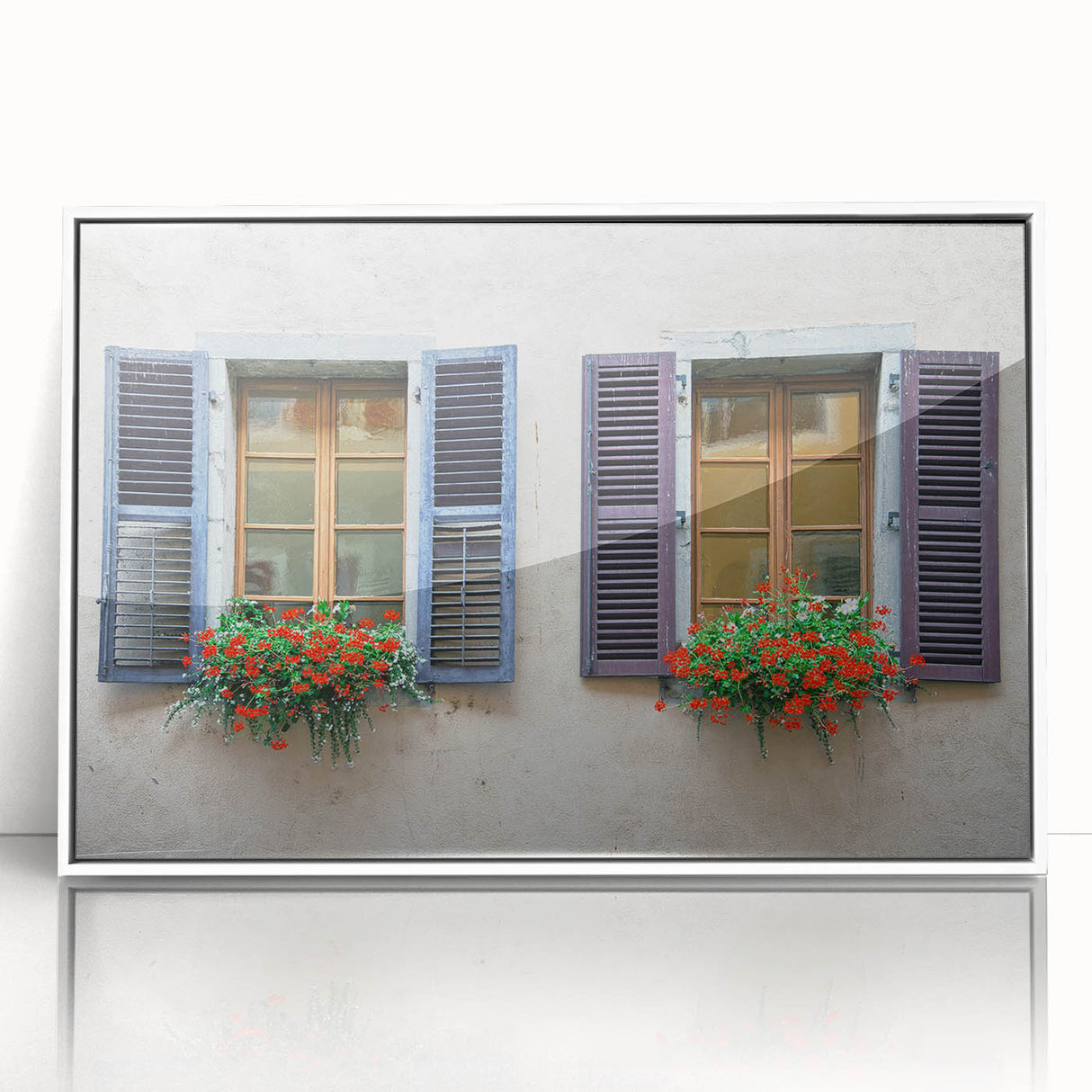 Large art print of a mid-century modernist architecture window design in muted gray and white tones on framed acrylic.