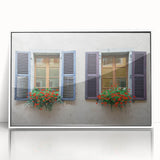 Large art print of a mid-century modernist architecture window design in muted gray and white tones on framed acrylic.
