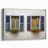 Vintage poster art of a colorful architectural window design in black frame, ideal for living room decor.