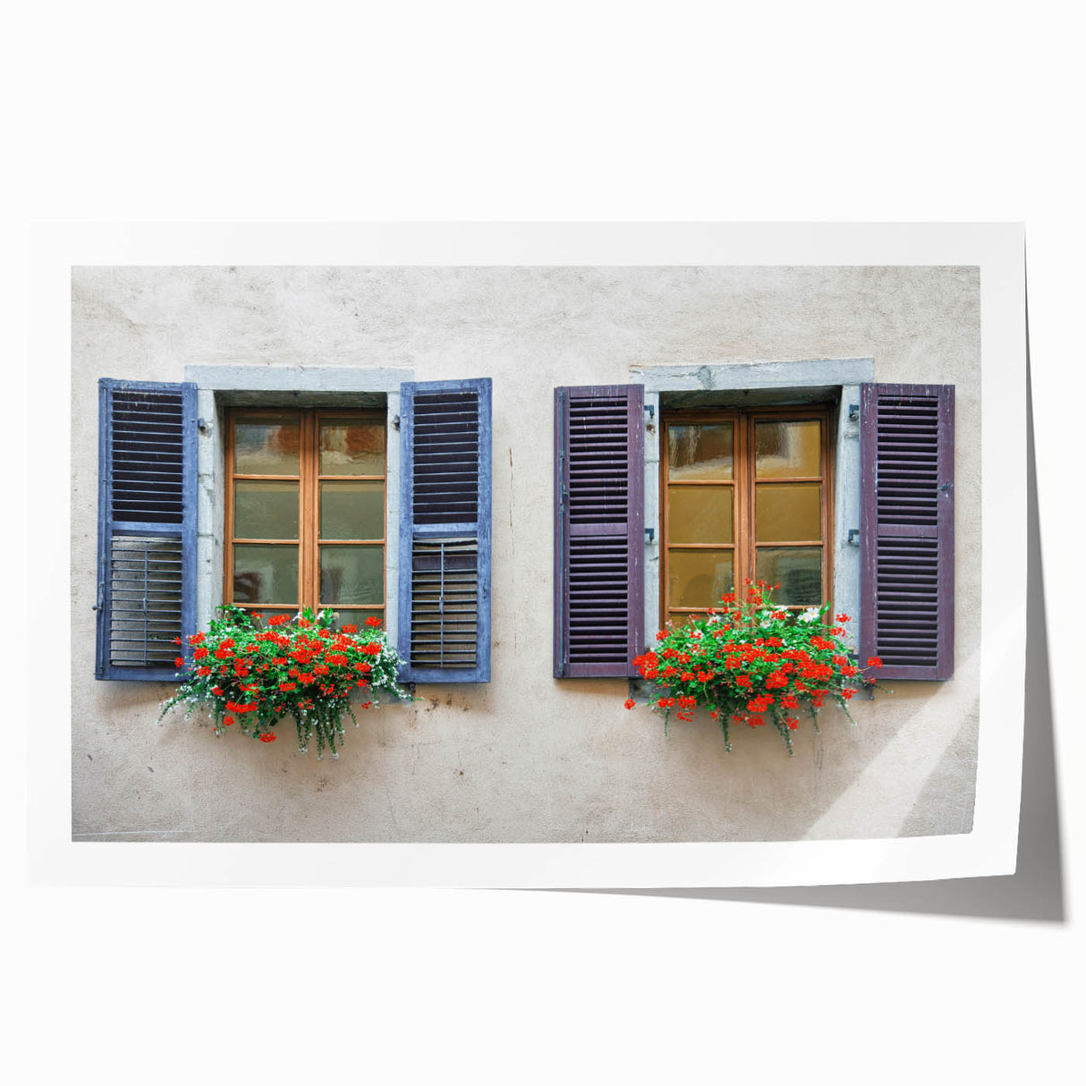 Extra large rolled print of a floral art design featuring detailed window architecture in muted earth tones.