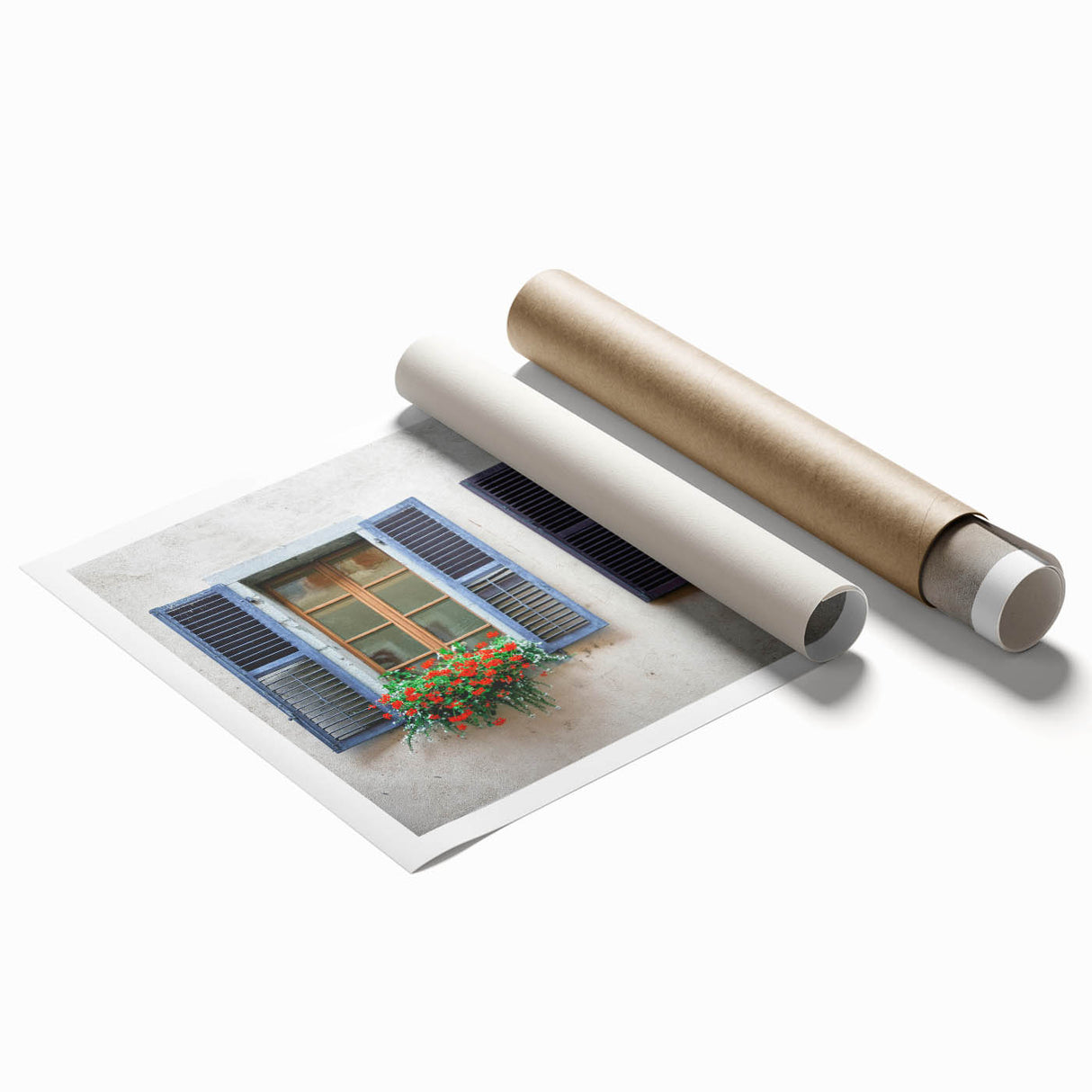 Extra large floral art on rolled print, featuring a window design with muted earth tones.