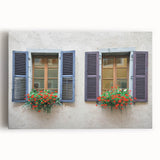Black and white photo of intricate window architecture on stretched canvas, suitable for kitchen wall art.