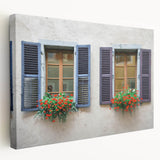 Architectural window design on a large stretched canvas with a focus on neutral and earth tones, ideal for kitchen wall art.