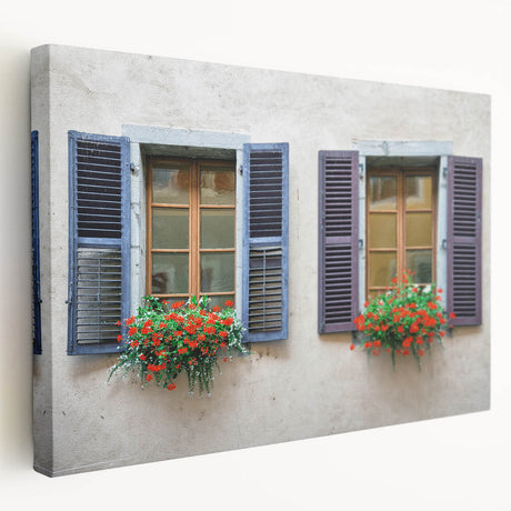 Architectural window design on a large stretched canvas with a focus on neutral and earth tones, ideal for kitchen wall art.