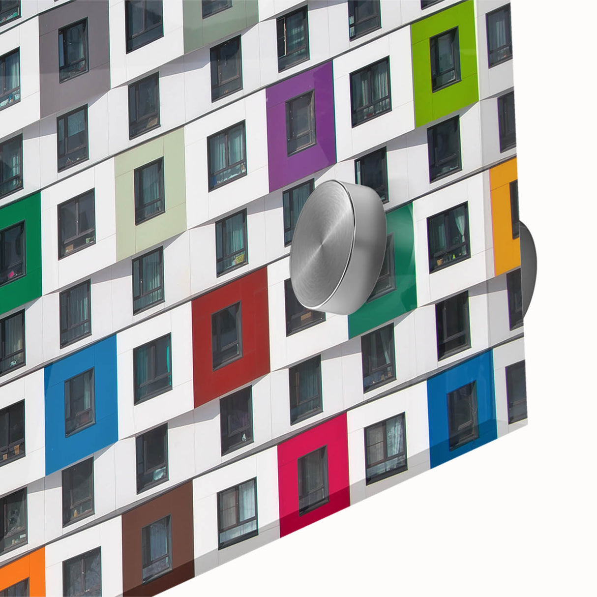 Large abstract wall art on acrylic glass featuring mid-century modernist architecture, ideal for dining room decor.