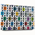 Large abstract wall art featuring geometric patterns in muted blues and grays on acrylic glass.
