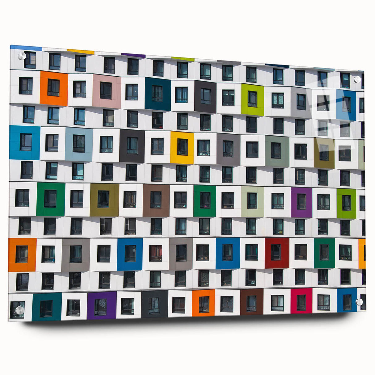Large abstract wall art featuring geometric patterns in muted blues and grays on acrylic glass.