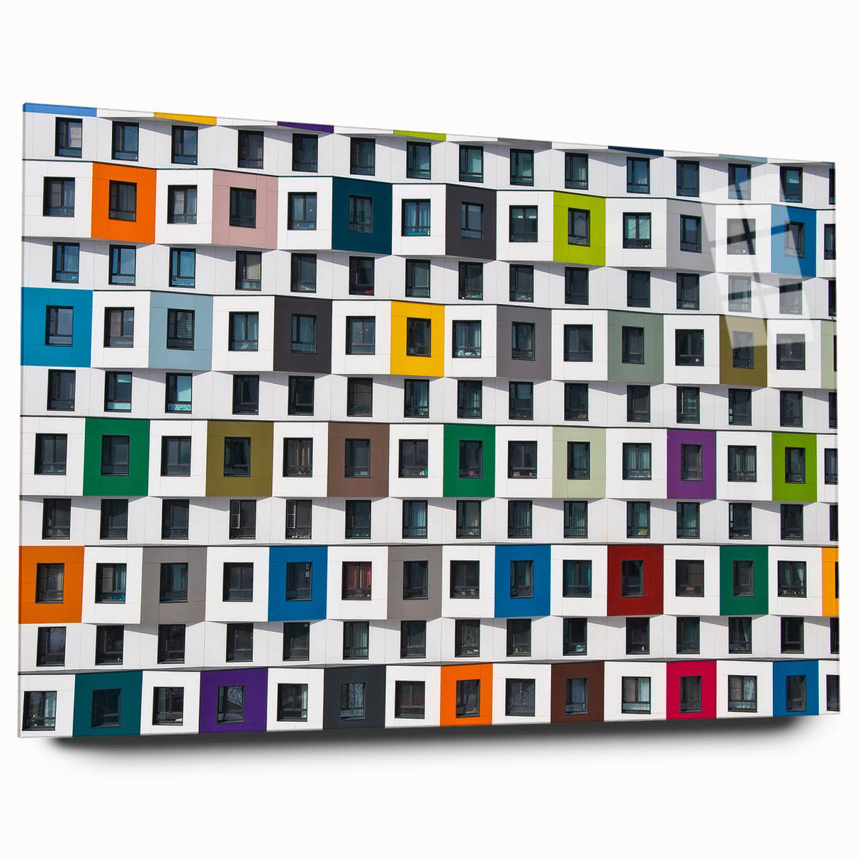 Large abstract wall art on acrylic glass depicting geometric shapes in muted gray and blue.