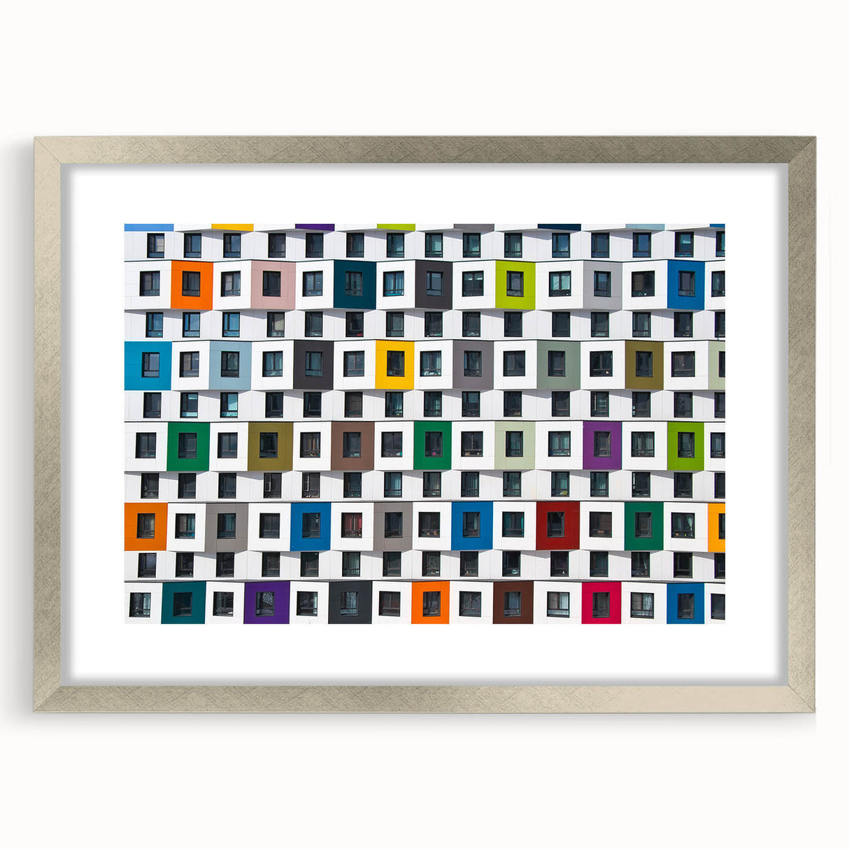 Abstract art print featuring geometric window designs in black and white, framed in silver.