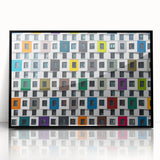 Large abstract wall art featuring geometric patterns in black and white, framed in acrylic.