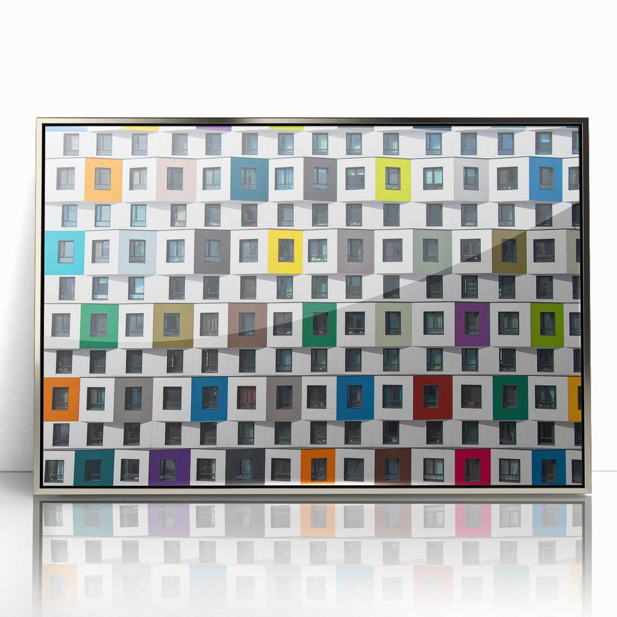 Art Deco-style poster featuring geometric patterns in silver and black, framed acrylic.
