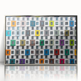 Art Deco-style poster featuring geometric patterns in silver and black, framed acrylic.
