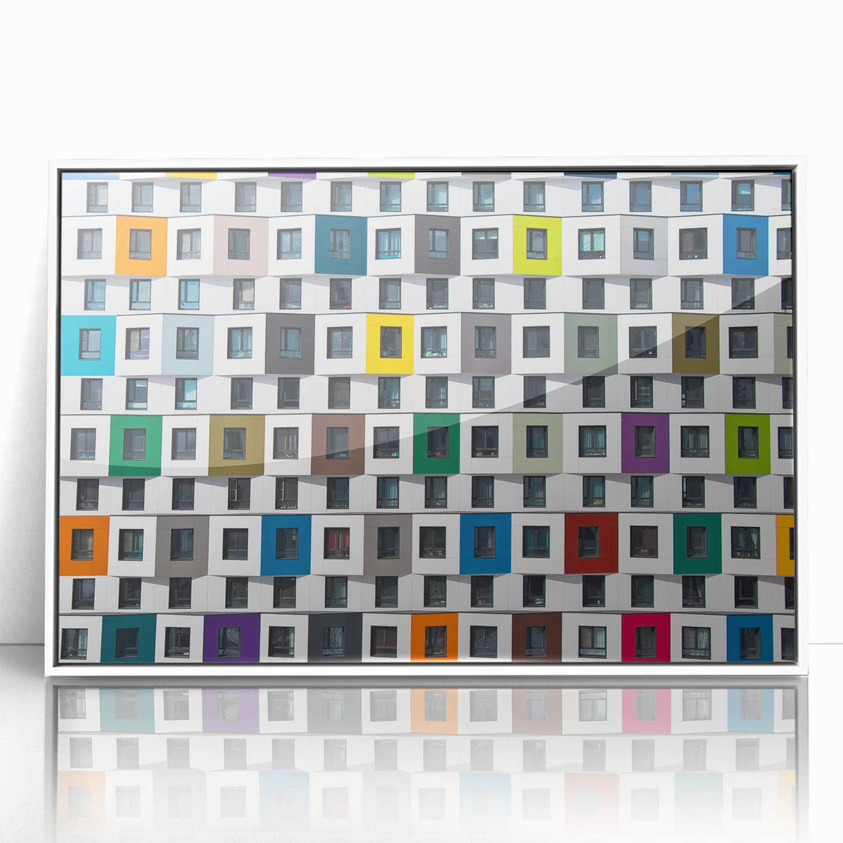 Mid-century modernist style large art print depicting minimalist architectural windows, framed in white acrylic.