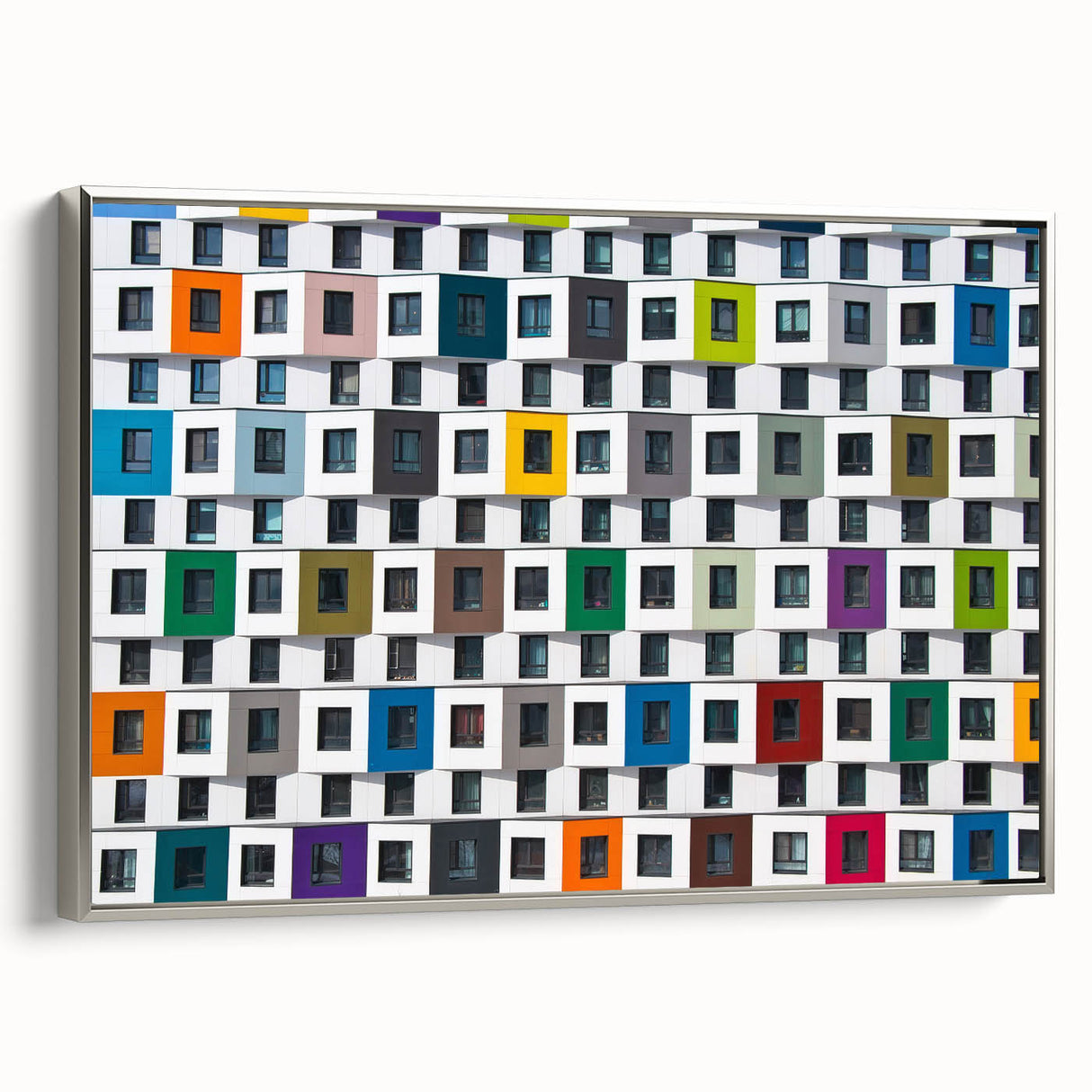 Vintage poster art of a black architectural window design on framed canvas, featuring muted colorful accents.