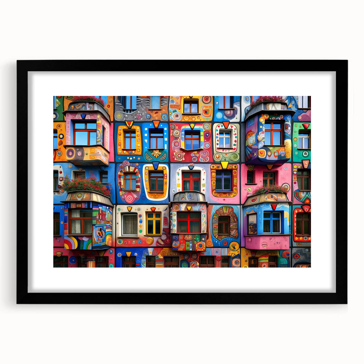 Extra large abstract art print featuring vibrant, colorful textures on a black framed canvas, ideal for living room decor.