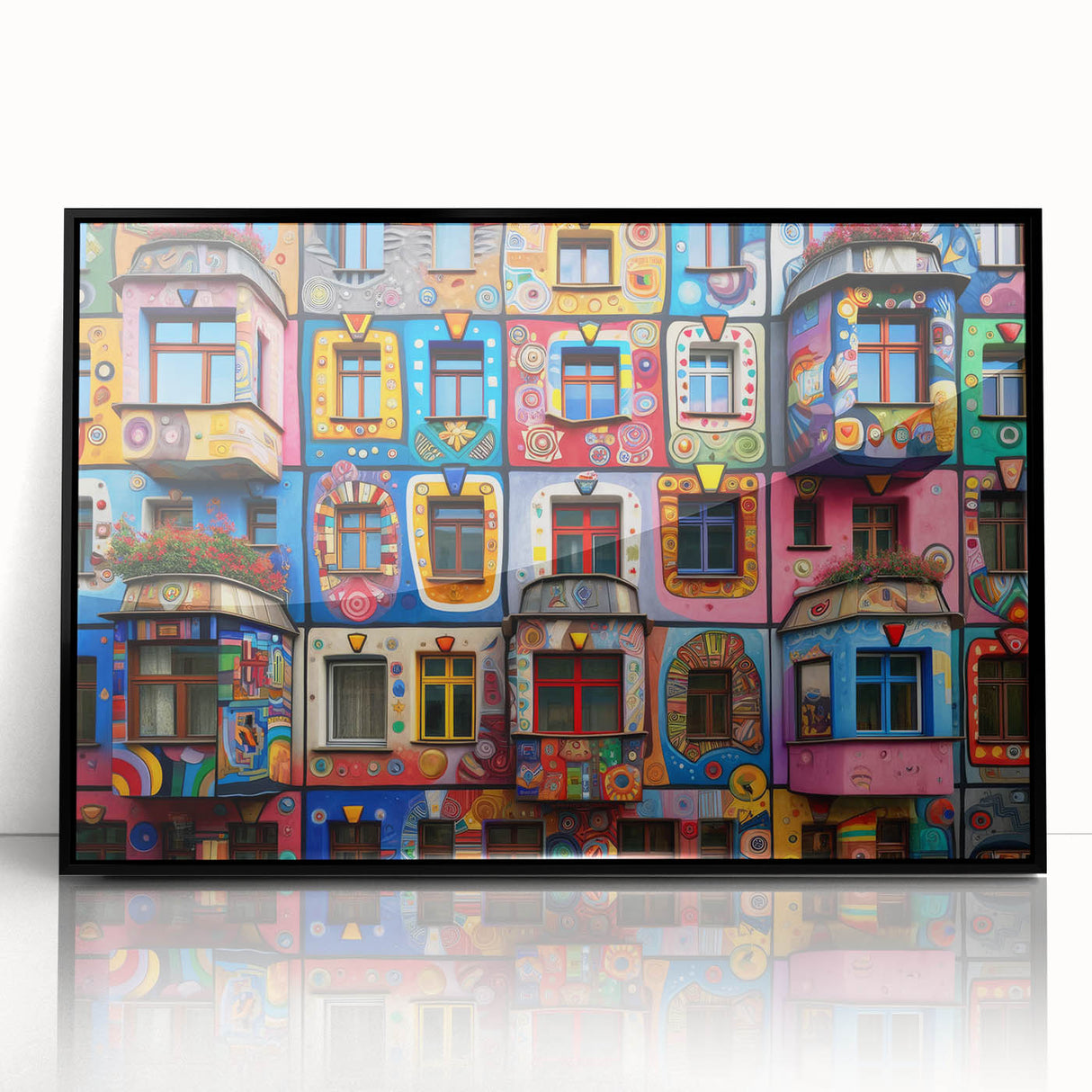 Large abstract wall art featuring geometric shapes in black and white, acrylic print in a black frame.