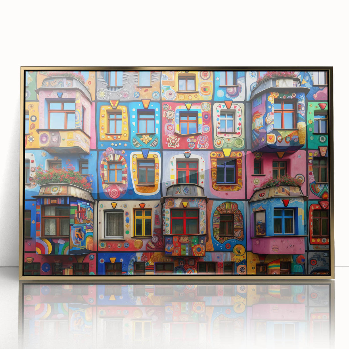 Mid-century modernist art depicting an architectural window design in gold and cream tones, framed acrylic.