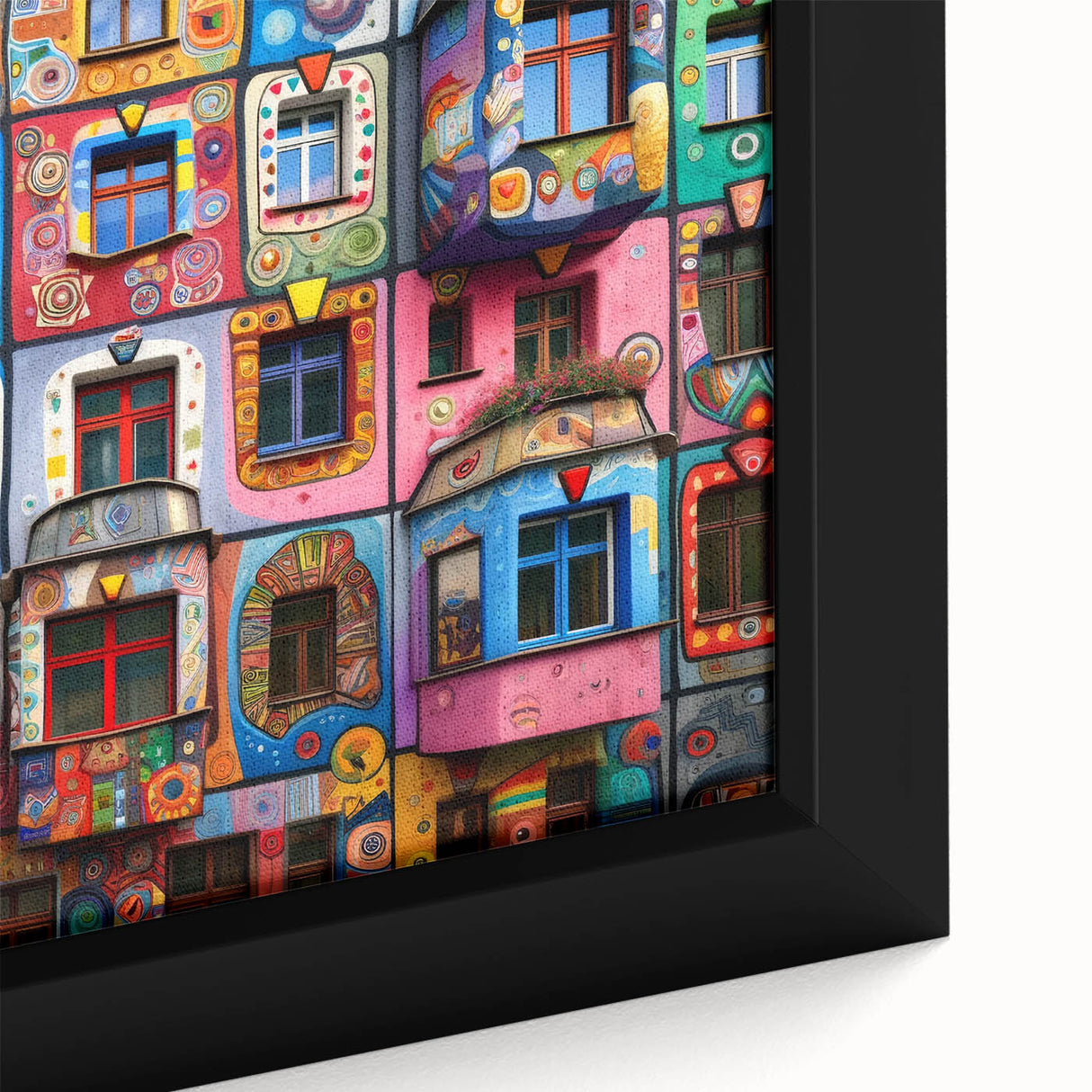 Close-up of black wall art featuring a colorful, textured architectural window design on a framed canvas.
