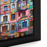 Close-up of black wall art featuring a colorful, textured architectural window design on a framed canvas.