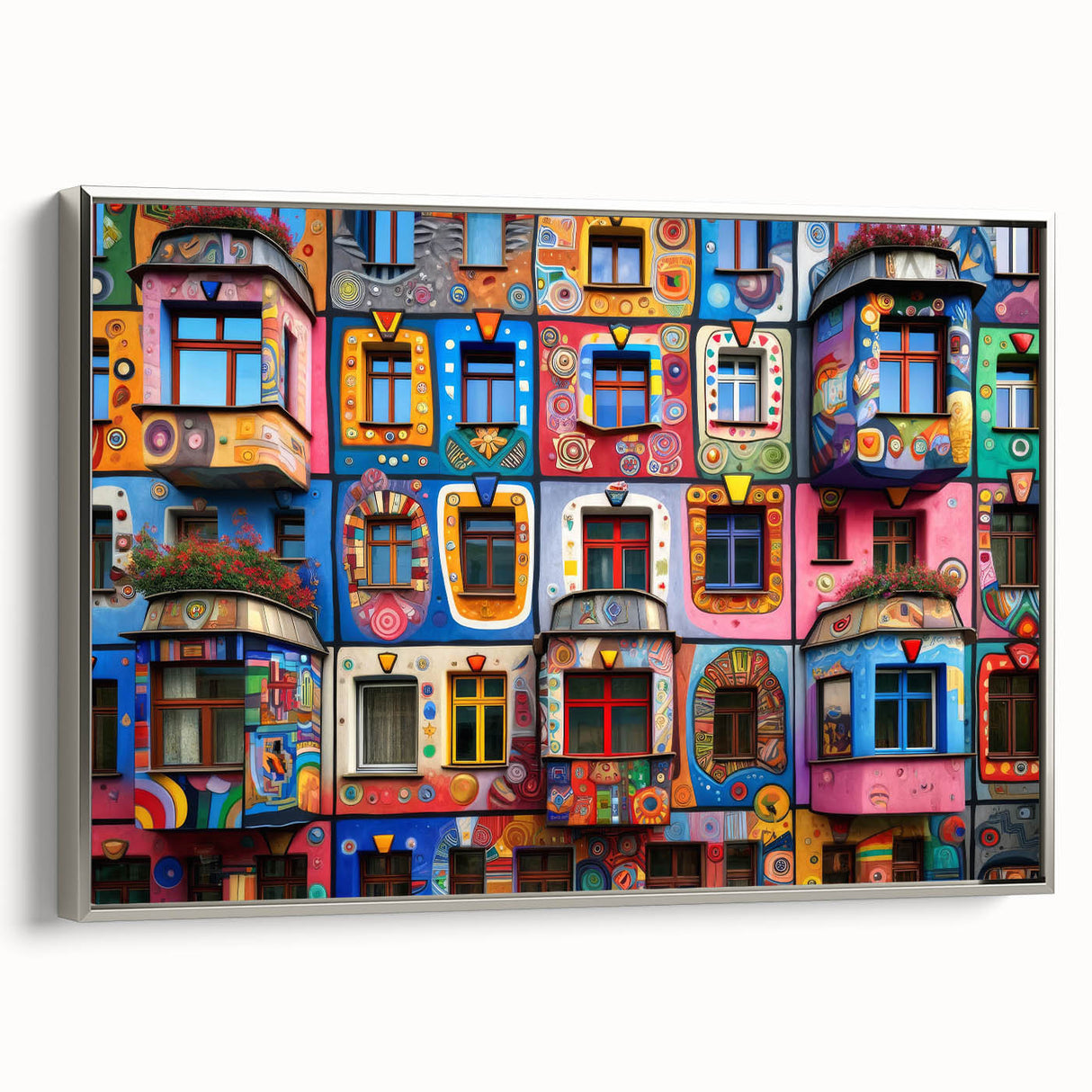 Vintage poster art of an architectural window design in black and colorful tones on a framed canvas.