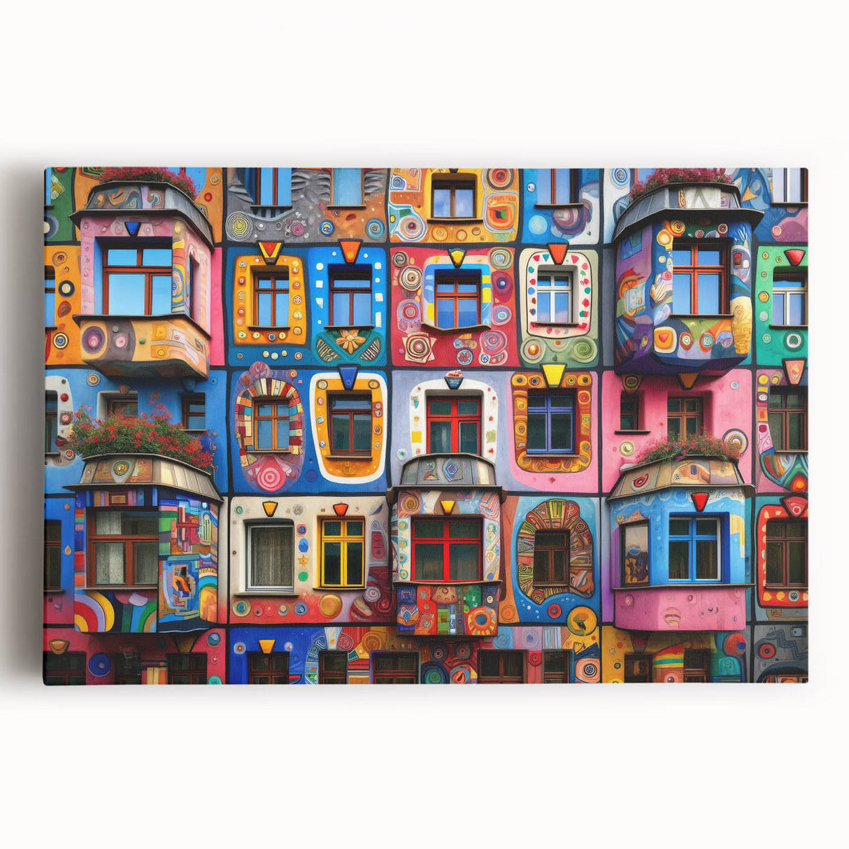 Black and white photo of a large architectural window design on stretched canvas.