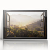 Mid-century modernist large art print featuring a geometric window design in black and white, framed in acrylic.